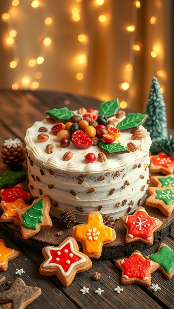 A festive Christmas cake with dried fruits and nuts, alongside decorated cookies in various shapes on a wooden table.